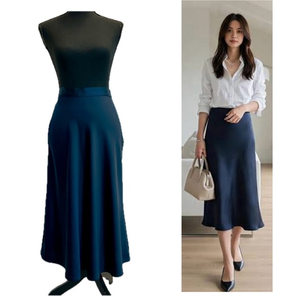 H&M dark navy blue Satin effect midi slip skirt 6 classy elegant sophisticated - Picture 1 of 9